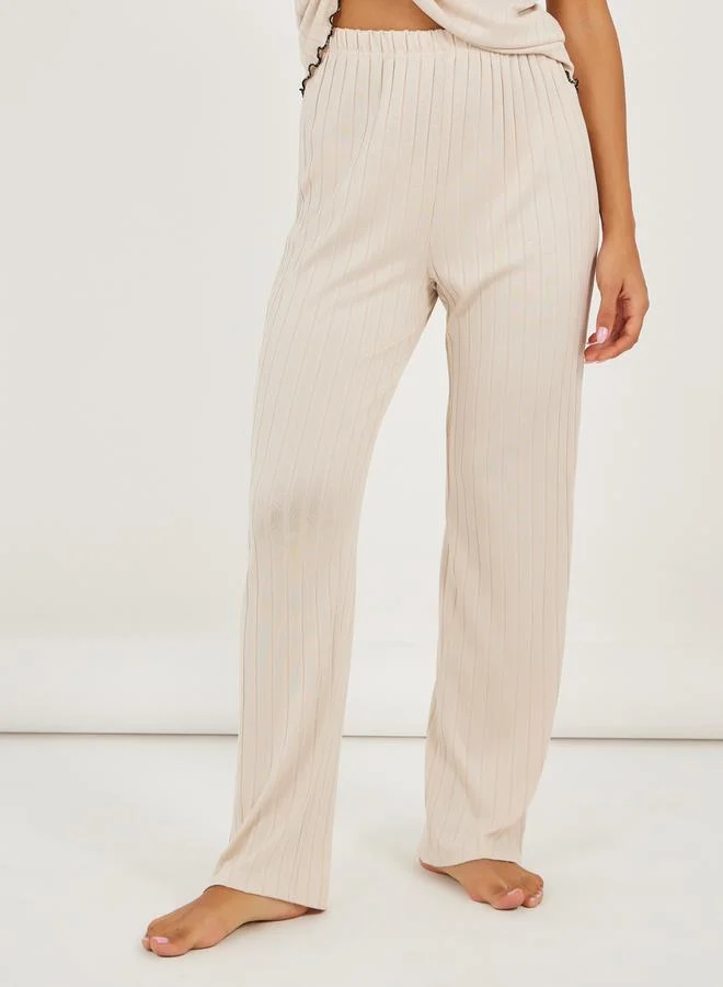 Styli Brushed Rib Contrast Edge Placket T-Shirt and Pyjama Set