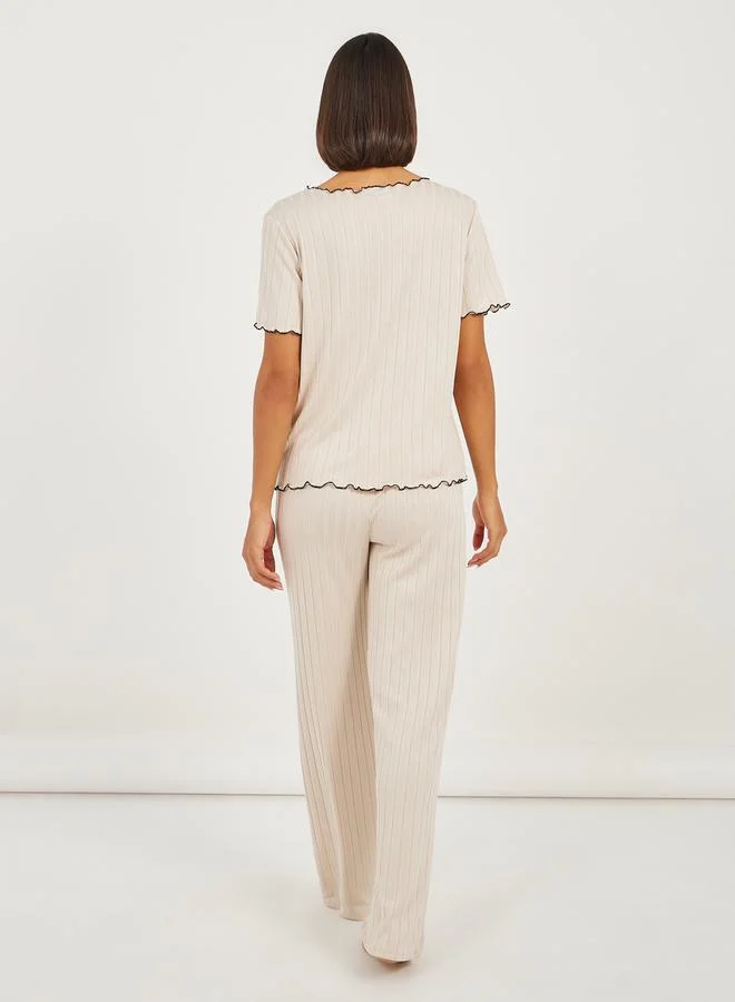 Styli Brushed Rib Contrast Edge Placket T-Shirt and Pyjama Set
