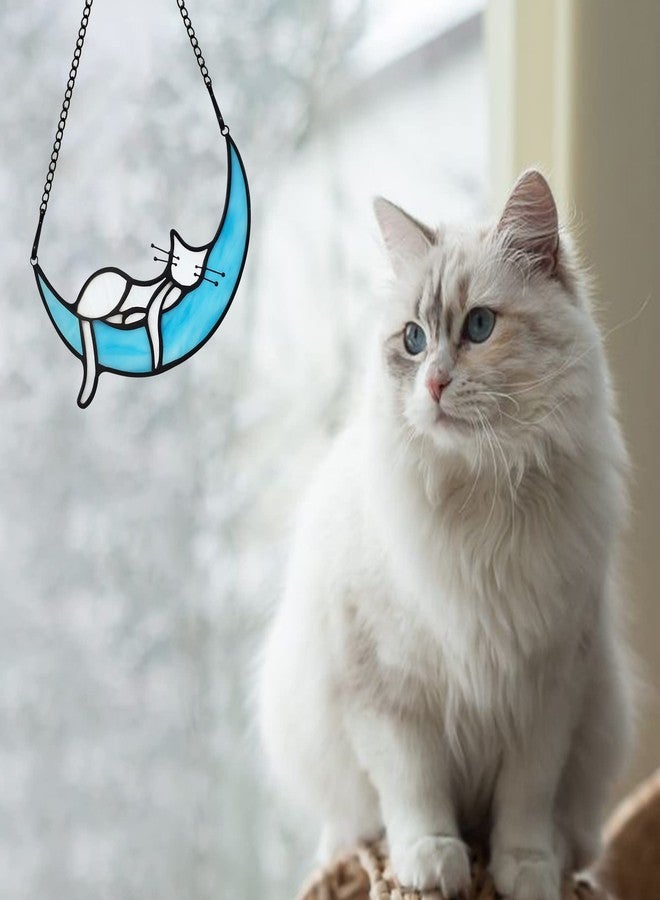 HAOSUM Sleeping White Cat on Moon Stained Glass Window Hangings,Cats Decor Cat Memorial Gifts for Cats Lovers,Suncatcher for Kitchen Bedroom Birthday Gift for Mom Grandma Aunt - Image 2