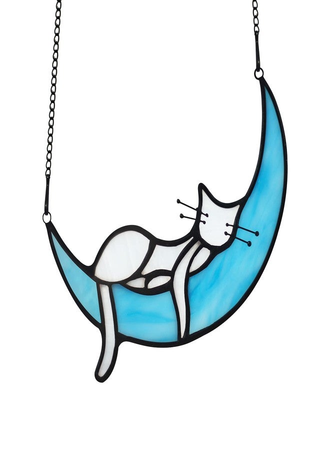 HAOSUM Sleeping White Cat on Moon Stained Glass Window Hangings,Cats Decor Cat Memorial Gifts for Cats Lovers,Suncatcher for Kitchen Bedroom Birthday Gift for Mom Grandma Aunt - Image 1