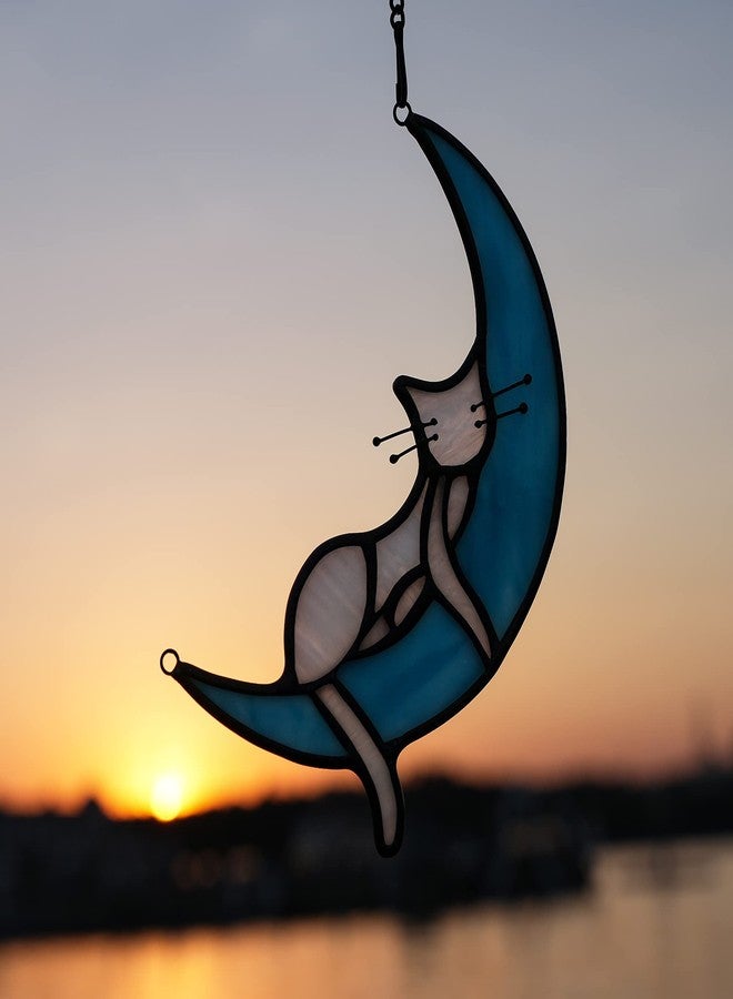 HAOSUM Sleeping White Cat on Moon Stained Glass Window Hangings,Cats Decor Cat Memorial Gifts for Cats Lovers,Suncatcher for Kitchen Bedroom Birthday Gift for Mom Grandma Aunt - Image 3