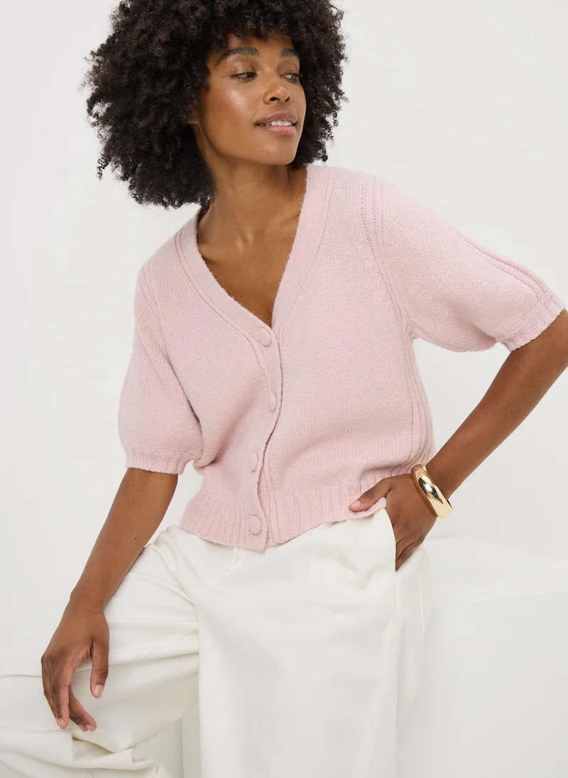 Matalan Pink Button Front Puff Sleeve Cardigan