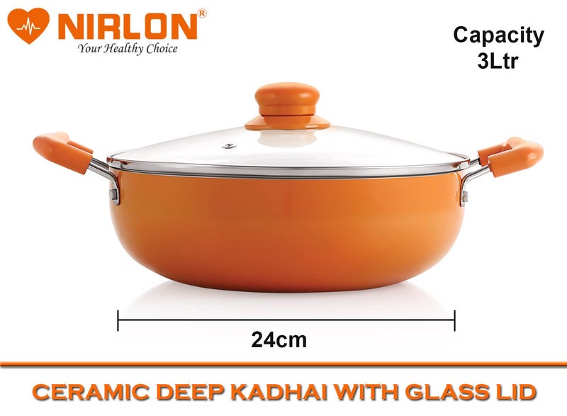 Nirlon Ceramic Non-Stick Aluminium Induction Friendly Cooking Kadhai,3.1 Liter, Orange - Image 2