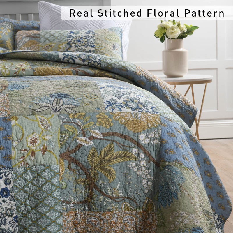 Yvooxny Quilt Set King Bedspread Reversible Green Farmhouse Garden Coverlet Real Patchwork Quilt Set for All Seasons with Pillowcases, Farmhouse Floral Pattern, King Size - Image 3