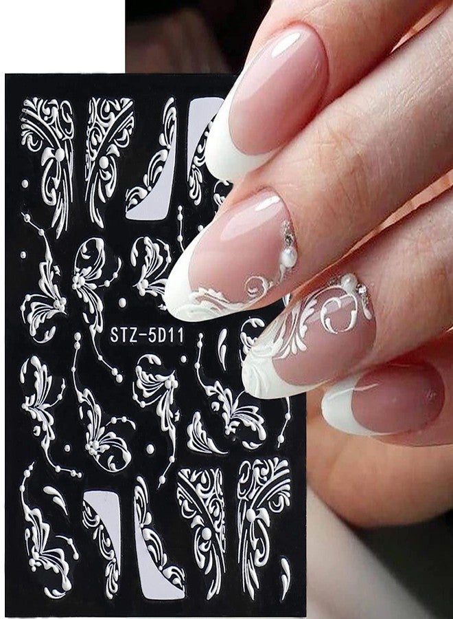 Macute Flower Nail Art Stickers Decals, 8 Sheets 5D Engraved Flower Nail Decals White Wedding Nail Art Accessories French Tips Nail Designs Self Adhesive Lace Flower Carving Nail Stickers for Women Girls - Image 3