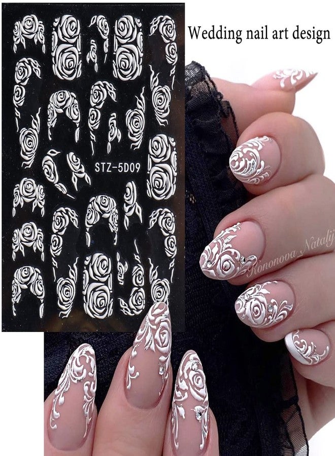 Macute Flower Nail Art Stickers Decals, 8 Sheets 5D Engraved Flower Nail Decals White Wedding Nail Art Accessories French Tips Nail Designs Self Adhesive Lace Flower Carving Nail Stickers for Women Girls - Image 4