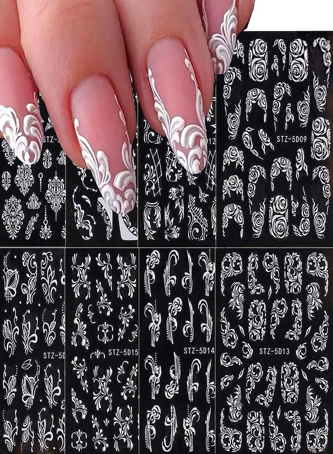 Macute Flower Nail Art Stickers Decals, 8 Sheets 5D Engraved Flower Nail Decals White Wedding Nail Art Accessories French Tips Nail Designs Self Adhesive Lace Flower Carving Nail Stickers for Women Girls - Image 1