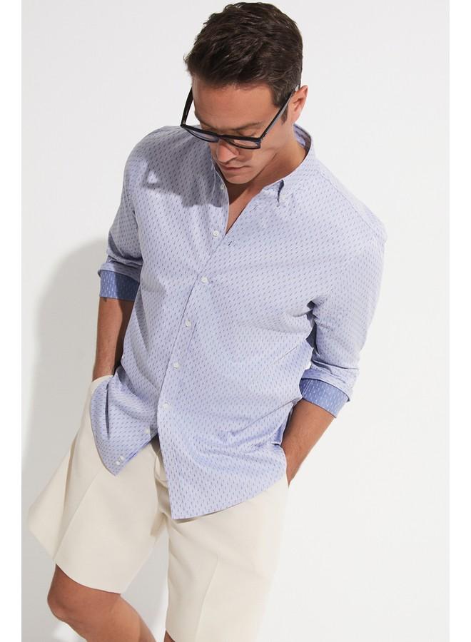 جون قميص رجالي حصري لشهر يونيو بقصة عادية وأكمام طويلة بنقوش زرقاء - Image 4