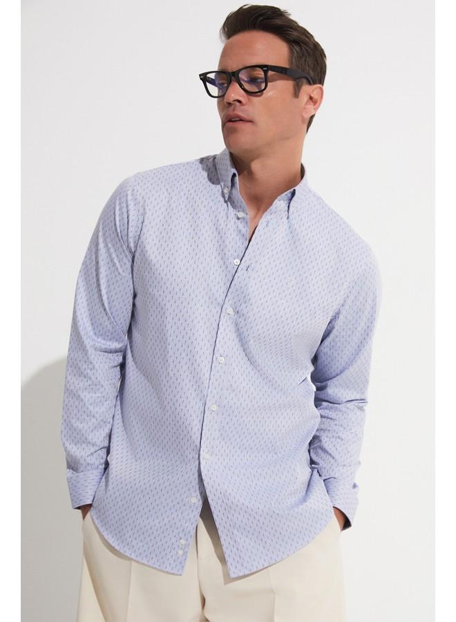 جون قميص رجالي حصري لشهر يونيو بقصة عادية وأكمام طويلة بنقوش زرقاء - Image 2