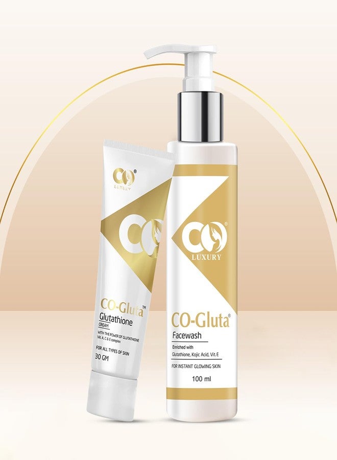 CO Luxury Glutathione Skin Brightening Face Wash 100ml & Cream 30gm Set | With Vitamin C, E, Kojic Acid | For Glowing, Even-Toned Skin | For Men & Women - Image 3