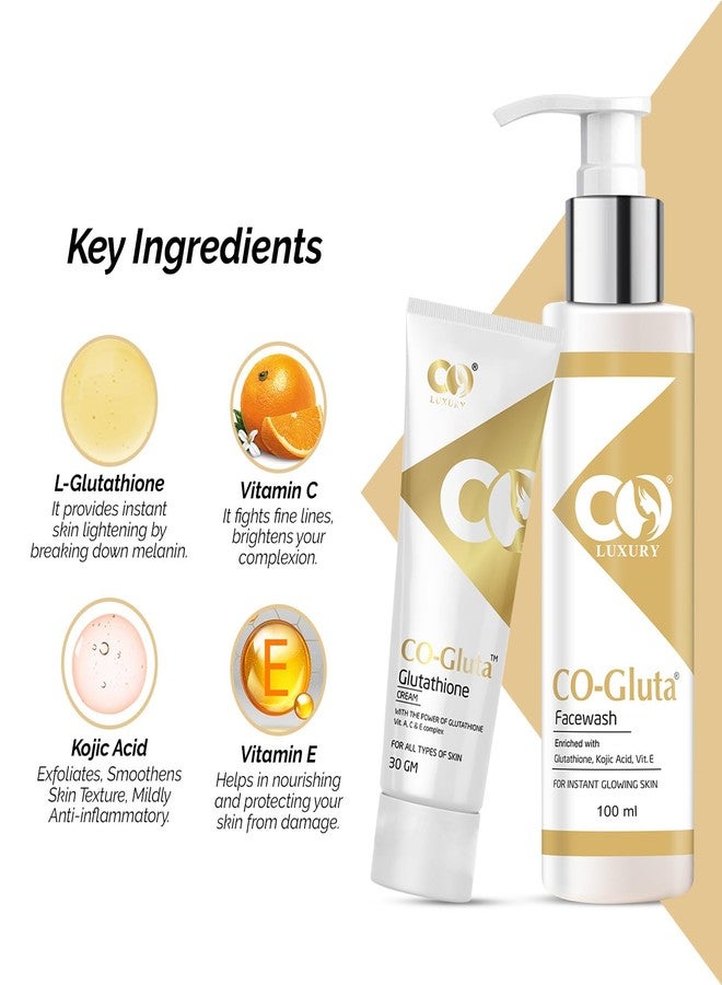 CO Luxury Glutathione Skin Brightening Face Wash 100ml & Cream 30gm Set | With Vitamin C, E, Kojic Acid | For Glowing, Even-Toned Skin | For Men & Women - Image 2