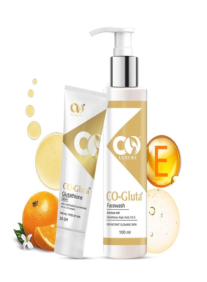 CO Luxury Glutathione Skin Brightening Face Wash 100ml & Cream 30gm Set | With Vitamin C, E, Kojic Acid | For Glowing, Even-Toned Skin | For Men & Women - Image 1