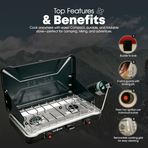 GasOne Portable Camping Stove – Double Propane Stove with Auto Twist Turn Ignition – 22,000 BTU Camping Cooktop with 2 Burners and Wind Guard – Ideal for Tailgating, Fishing, Travel - Image 4