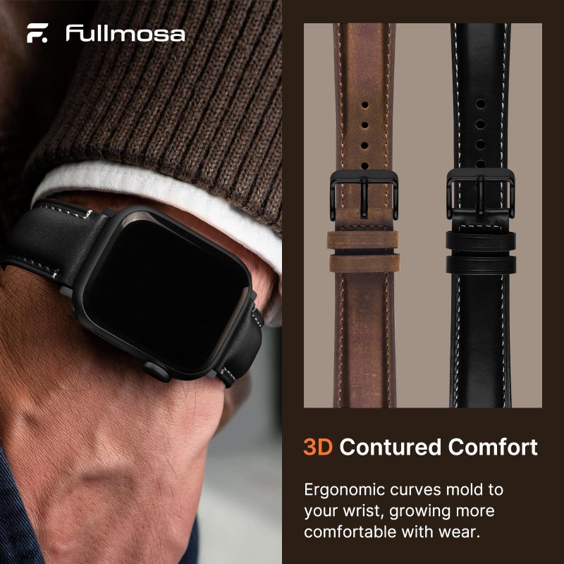 Fullmosa Leather Band Compatible with Apple Watch Bands 49mm 46mm 45mm 44mm 42mm,Top Grain Leather iWatch Straps for Apple Watch Ultra SE Series 11 10 9 8 7 6 5 4 3 2 1,Coffee+Black/Black+Black - Image 5