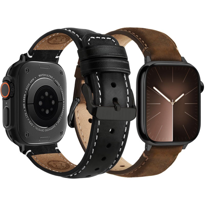 Fullmosa Leather Band Compatible with Apple Watch Bands 49mm 46mm 45mm 44mm 42mm,Top Grain Leather iWatch Straps for Apple Watch Ultra SE Series 11 10 9 8 7 6 5 4 3 2 1,Coffee+Black/Black+Black - Image 1