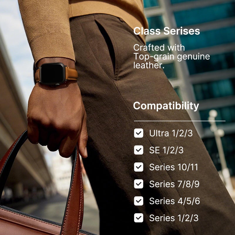 Fullmosa Leather Band Compatible with Apple Watch Bands 49mm 46mm 45mm 44mm 42mm,Top Grain Leather iWatch Straps for Apple Watch Ultra SE Series 11 10 9 8 7 6 5 4 3 2 1,Coffee+Black/Black+Black - Image 4