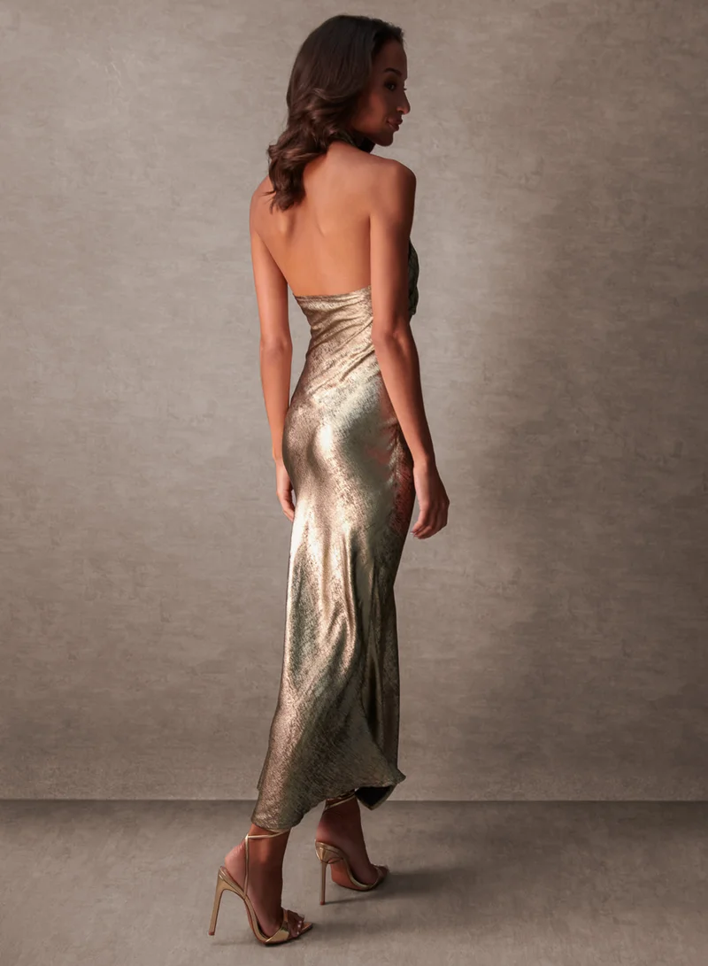 بلو فانيلا فستان لامع بياقة هالتر وربطة أمامية فاخرة