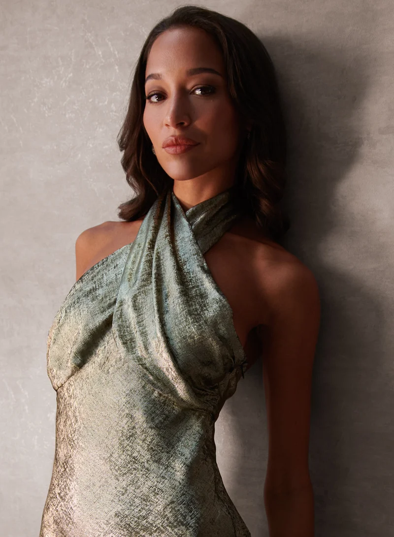 بلو فانيلا فستان لامع بياقة هالتر وربطة أمامية فاخرة