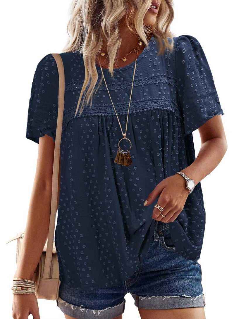 Falechay Summer Tops Womens 2025 Fashion Boho Tunic Tops for Women Crewneck Flowy Navy Blue Shirts Babydoll Pom Pom Short Sleeve Blouses Oversized L - Image 1