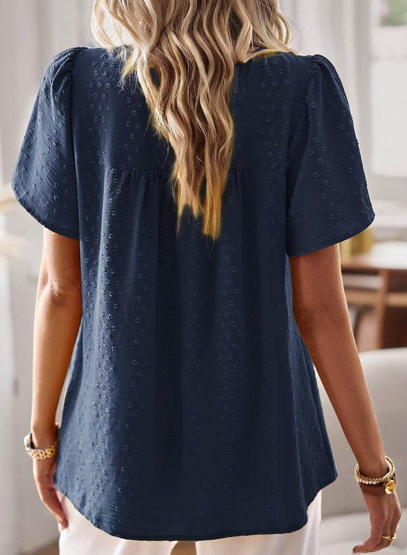 Falechay Summer Tops Womens 2025 Fashion Boho Tunic Tops for Women Crewneck Flowy Navy Blue Shirts Babydoll Pom Pom Short Sleeve Blouses Oversized L - Image 3