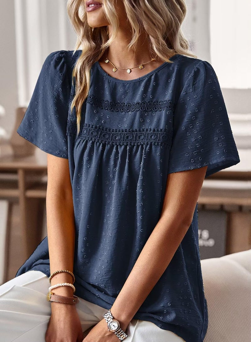 Falechay Summer Tops Womens 2025 Fashion Boho Tunic Tops for Women Crewneck Flowy Navy Blue Shirts Babydoll Pom Pom Short Sleeve Blouses Oversized L - Image 2