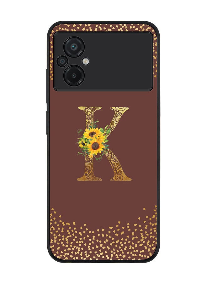 Stylizedd Rugged Black edge case for Xiaomi Poco M5 Slim fit Soft Case Flexible Rubber Edges Anti Drop TPU Gel Thin Cover - Custom Monogram Initial Letter Floral Pattern Alphabet - K (Brown ) - Image 1