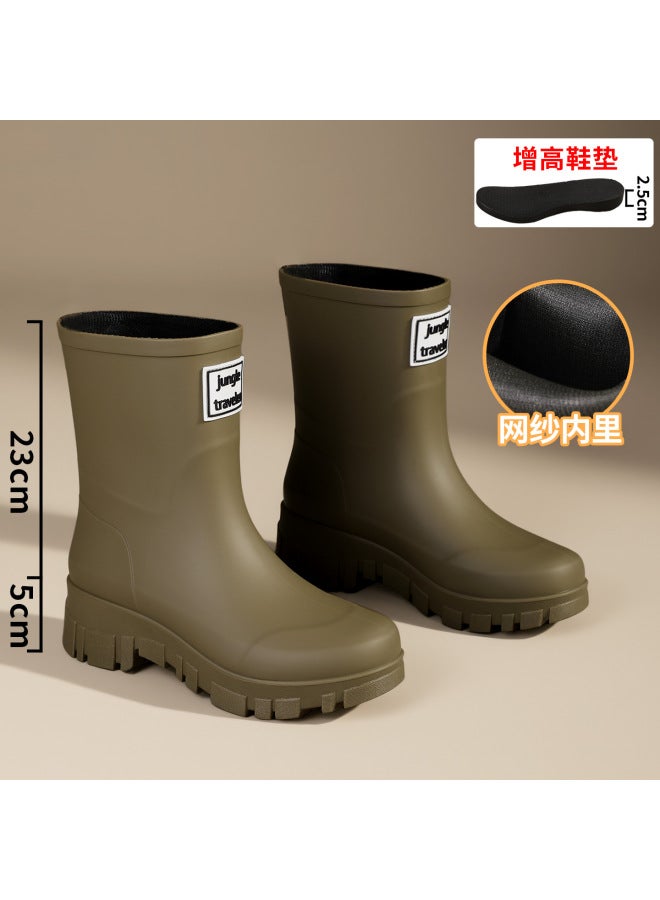Outdoor Ultra-modern Mid-calf Fashionable Waterproof Drawstring Women's Rain Boots With Fleece Lining, Suitable For Rainforest , Non-slip, Warm, And Durable Rubber Shoes