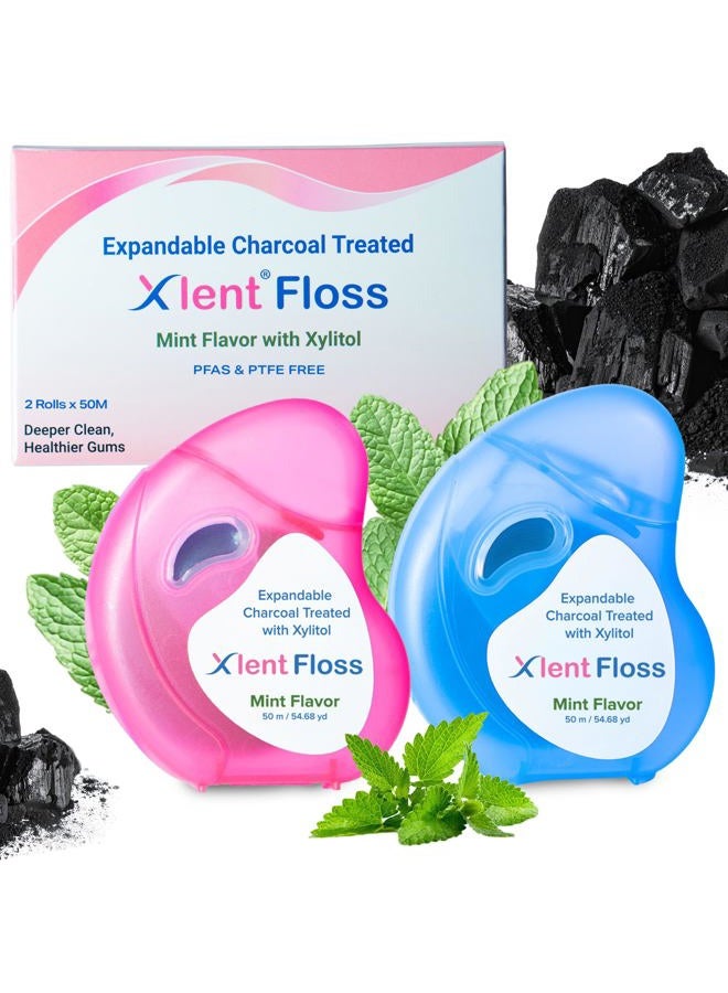 Xlent Expandable Floss Treated with Activated Charcoal, Xylitol and Natural Plant Based Wax | Fresh Mint Flavor | 50 meters each(2 Count) - Image 1