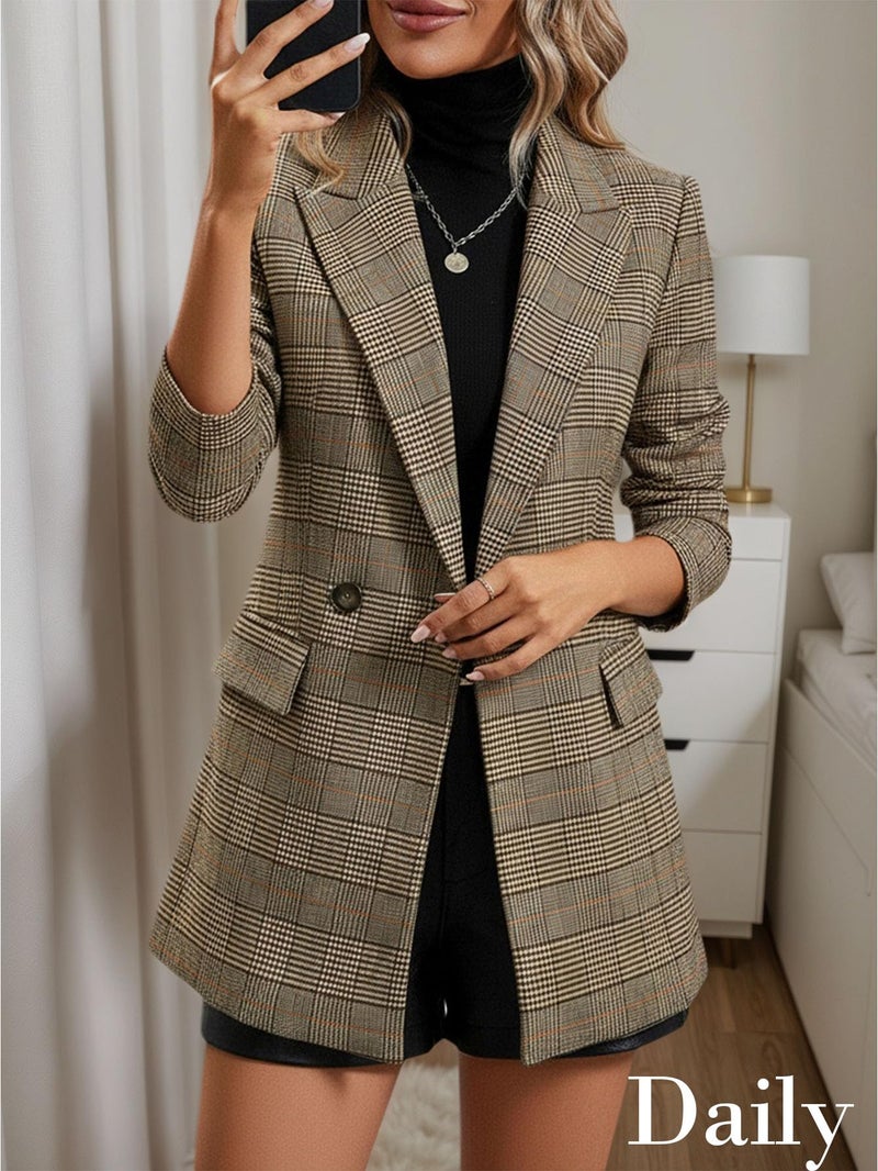Mina Self Tweed Blazers Jacket for Women Plaid 2026 Fall Brown Herringbone Sweater Business Casual Work Professional Womens Dressy Fitted Trendy Winter Women's Blazer & Suit Jackets Ladies Brown M - Image 4
