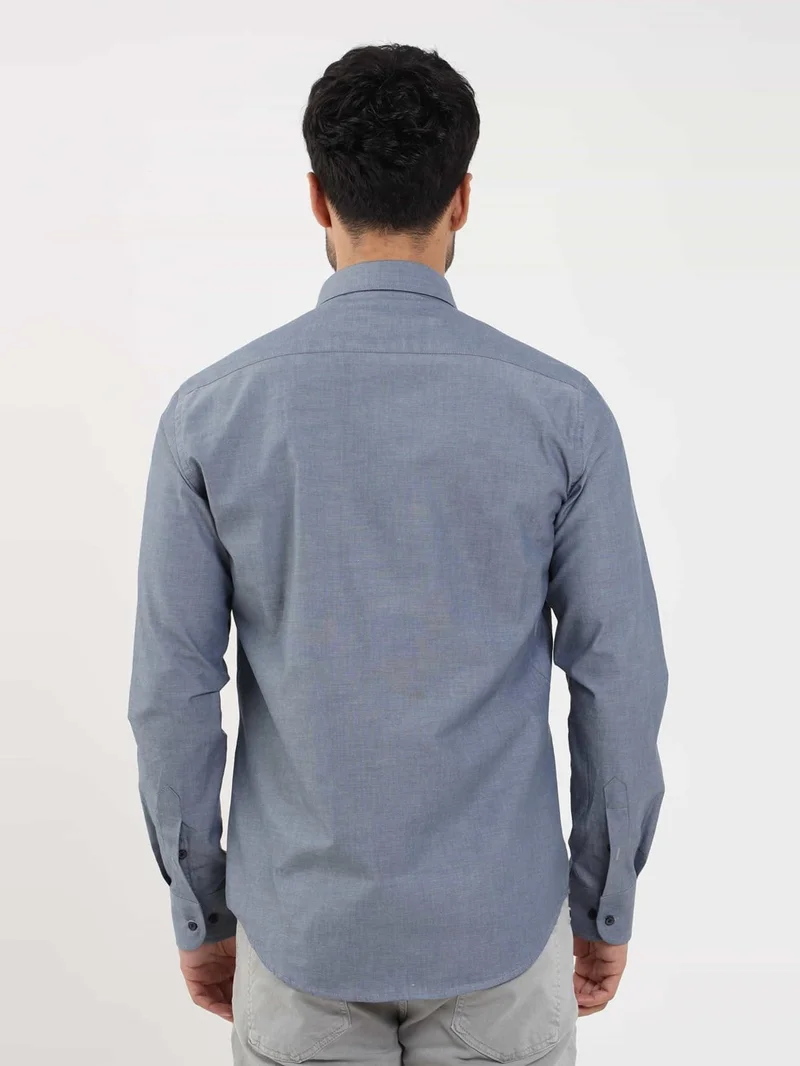 Dufy Light Navy Blue Men's Regular Fit Melange Patterned Button Collar Long Sleeve Shirt - 95053