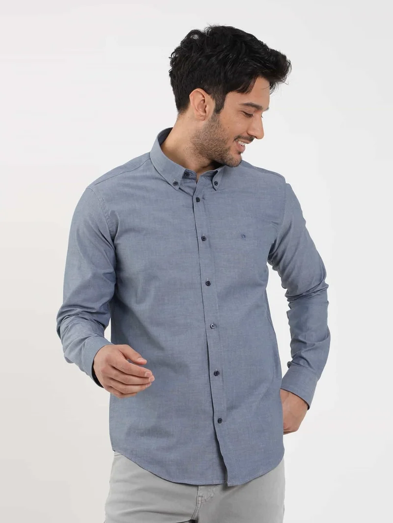 Dufy Light Navy Blue Men's Regular Fit Melange Patterned Button Collar Long Sleeve Shirt - 95053