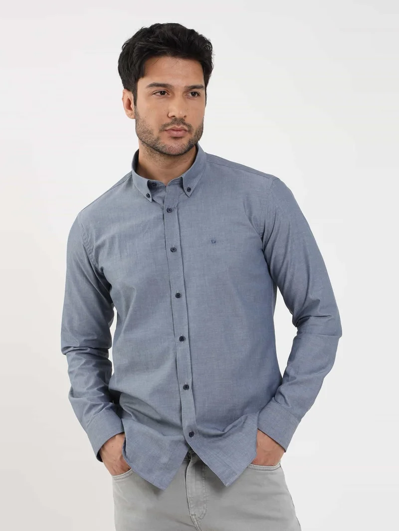 Dufy Light Navy Blue Men's Regular Fit Melange Patterned Button Collar Long Sleeve Shirt - 95053
