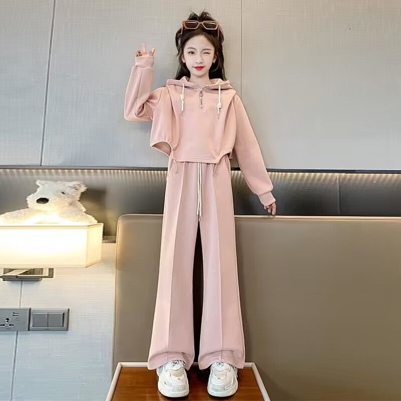Girls Trendy Hoodie  Wide Leg Pants Set Pink