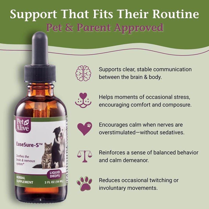 PetAlive EaseSure-S - Dog and Cat Calming Drops - Herbal Pet Supplement to Relax and Reduce Involuntary Muscle Movements, Twitching - Care for Cats and Dogs - 59 mL - Image 3