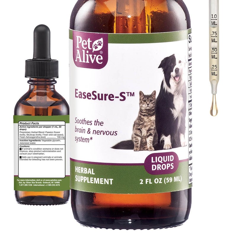PetAlive EaseSure-S - Dog and Cat Calming Drops - Herbal Pet Supplement to Relax and Reduce Involuntary Muscle Movements, Twitching - Care for Cats and Dogs - 59 mL - Image 1