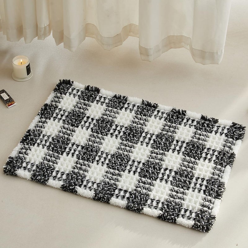 TYUU Waffle Bath Mat, Boho Bathroom Rugs Non Slip Washable Absorbent Checkered Bathroom Mat Quick Dry Farmhouse Bathroom Decor, 30"x20" Black and White - Image 1
