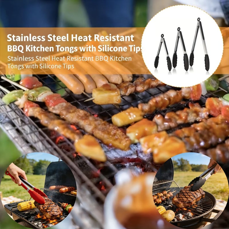 Stainless Steel BBQ Kitchen Tongs 13 Inch with Silicone Tips Non Scratch for Air Fryer Nonstick Cooking Pans Food Clips Pull Lock - Image 1