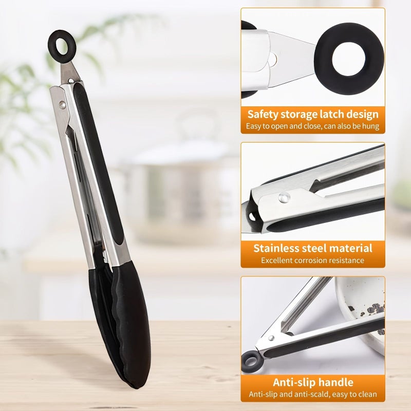 Stainless Steel BBQ Kitchen Tongs 13 Inch with Silicone Tips Non Scratch for Air Fryer Nonstick Cooking Pans Food Clips Pull Lock - Image 5