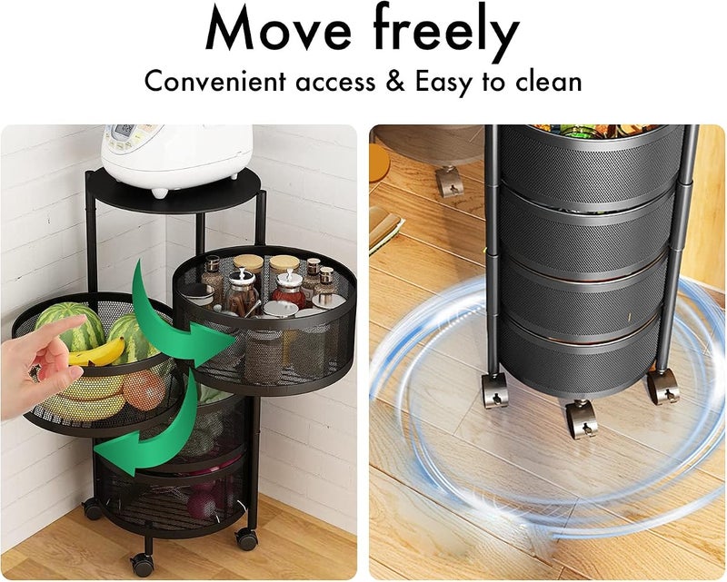 SHOWAY Round Rotating Multi-Layer Kitchen Storage Shelf, 4 Tier Fruit Vegetable Storage Basket, Kitchen Storage Rack Floor Standing, Movable Household Storage Rack for Kitchen Living Room Toilet - Image 5