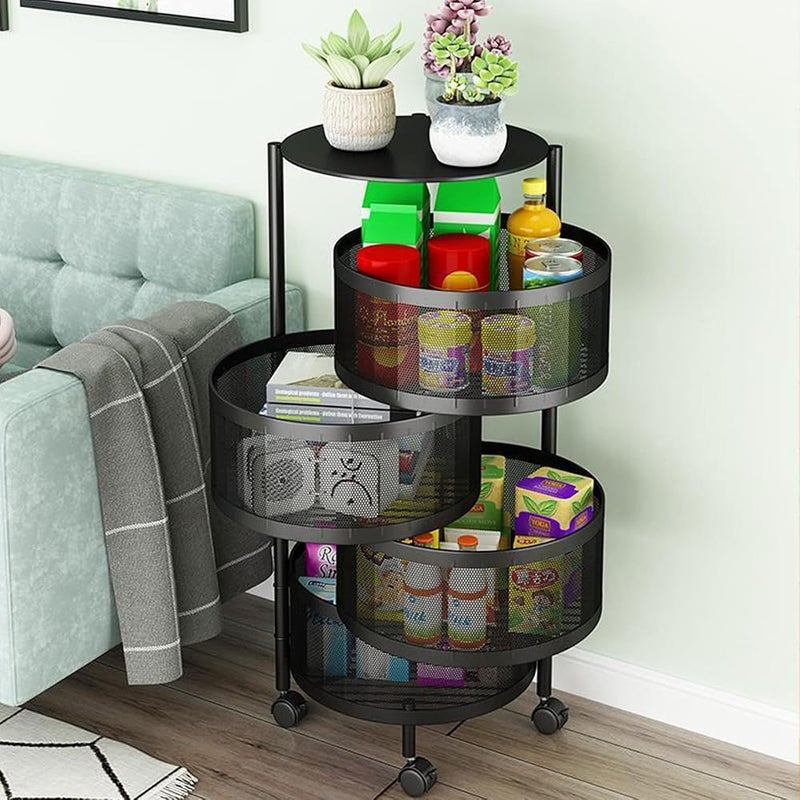 SHOWAY Round Rotating Multi-Layer Kitchen Storage Shelf, 4 Tier Fruit Vegetable Storage Basket, Kitchen Storage Rack Floor Standing, Movable Household Storage Rack for Kitchen Living Room Toilet - Image 3