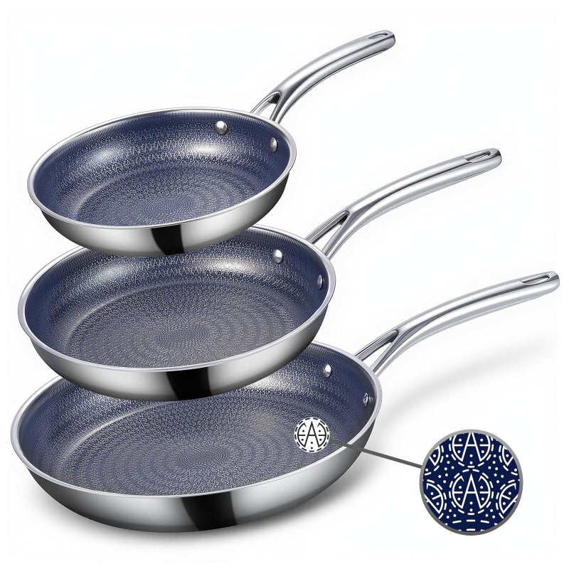 Ammeloo Hybrid Tri-Ply Stainless Steel Frying Pan Set, 8"/9.5"/11" Cooking Pans, Non Stick Frying Pans and Skillets, Chef Pan, Non Toxic, Dishwasher Safe, Induction Compatible, Blue Interior - Image 1