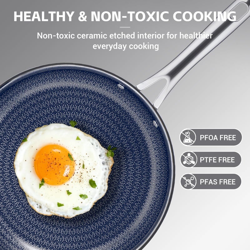 Ammeloo Hybrid Tri-Ply Stainless Steel Frying Pan Set, 8"/9.5"/11" Cooking Pans, Non Stick Frying Pans and Skillets, Chef Pan, Non Toxic, Dishwasher Safe, Induction Compatible, Blue Interior - Image 2