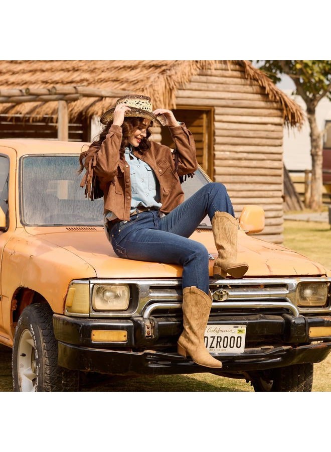 IUV Cowboy Boots For Women Western Cowgirl Boots with Chunky Heel Mid Calf Snip Toe Ideal for low insteps, Camel, 11.5 - Image 2