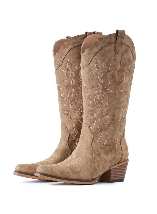 IUV Cowboy Boots For Women Western Cowgirl Boots with Chunky Heel Mid Calf Snip Toe Ideal for low insteps, Camel, 11.5 - Image 1