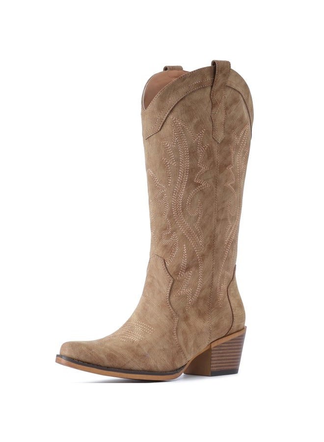 IUV Cowboy Boots For Women Western Cowgirl Boots with Chunky Heel Mid Calf Snip Toe Ideal for low insteps, Camel, 11.5 - Image 4