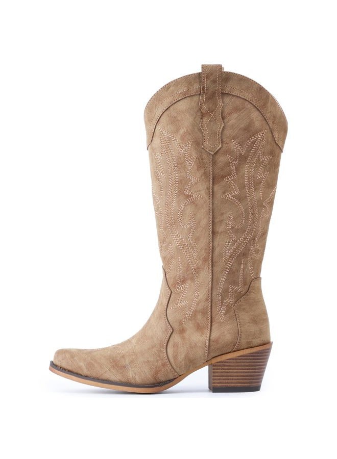 IUV Cowboy Boots For Women Western Cowgirl Boots with Chunky Heel Mid Calf Snip Toe Ideal for low insteps, Camel, 11.5 - Image 5