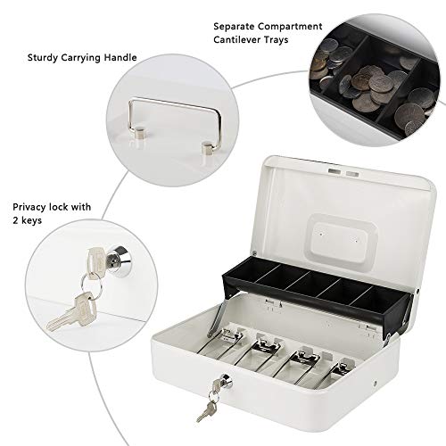 KYODOLED Locking Cash Box with Lock,Money Box with Cash Tray,Lock Safe Box with Key,Money Saving Organizer,11.81Lx 9.45Wx 3.54H Inches,White XL Large - Image 2