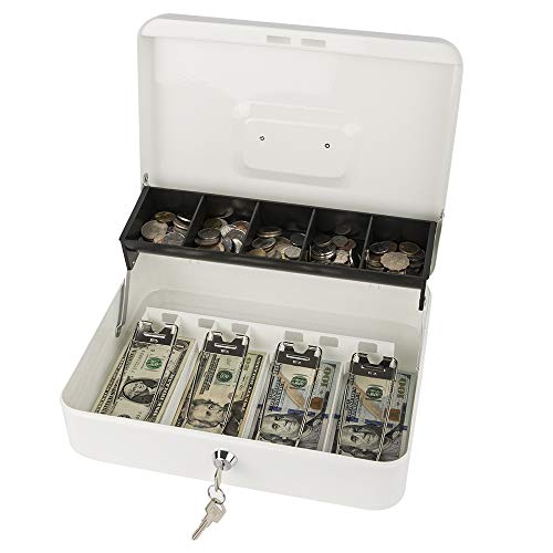 KYODOLED Locking Cash Box with Lock,Money Box with Cash Tray,Lock Safe Box with Key,Money Saving Organizer,11.81Lx 9.45Wx 3.54H Inches,White XL Large - Image 1