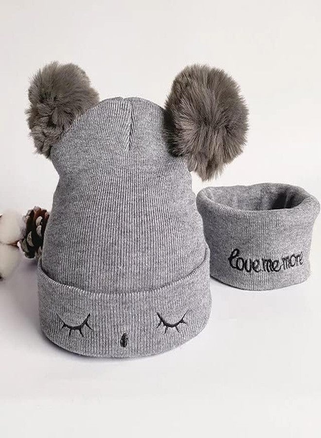 TENDSY Baby Knit Hat Scarf Set Toddler Girls Boys Winter Pom Pom Beanie Cap Neck Warmer (for Age 6 Months to 5 Years) (Grey) - Image 2