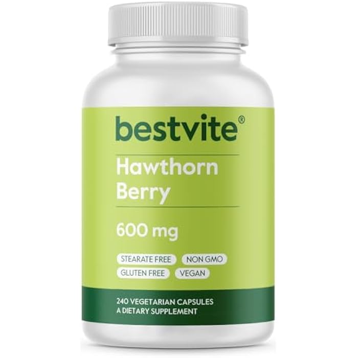 BESTVITE Hawthorn Berry 600mg per Capsule (240 Vegetarian Capsules) - No Stearates - No Fillers - Vegan - Non GMO - Gluten Free - Image 1